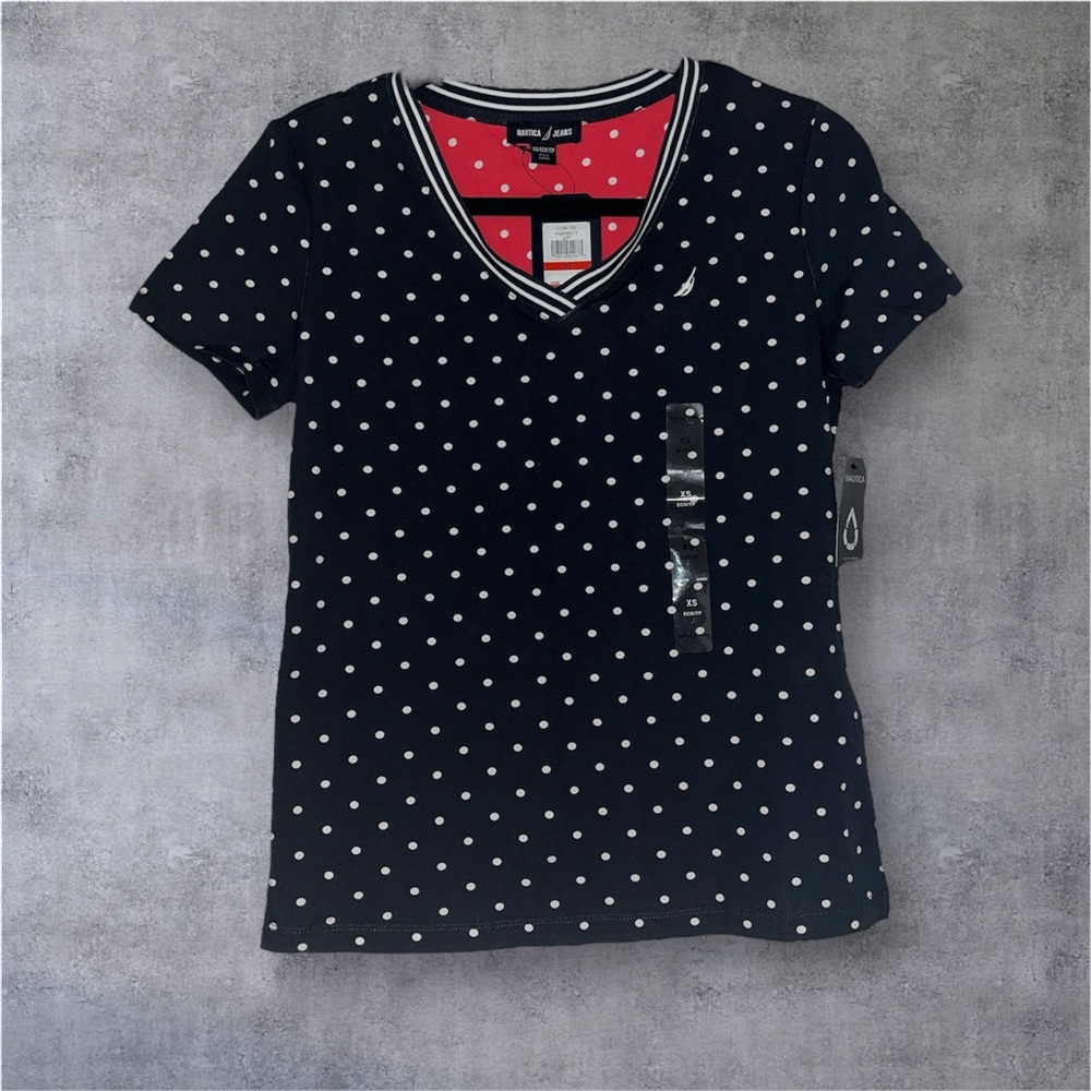 Nautica Navy and White Polka Dot V-Neck Tee